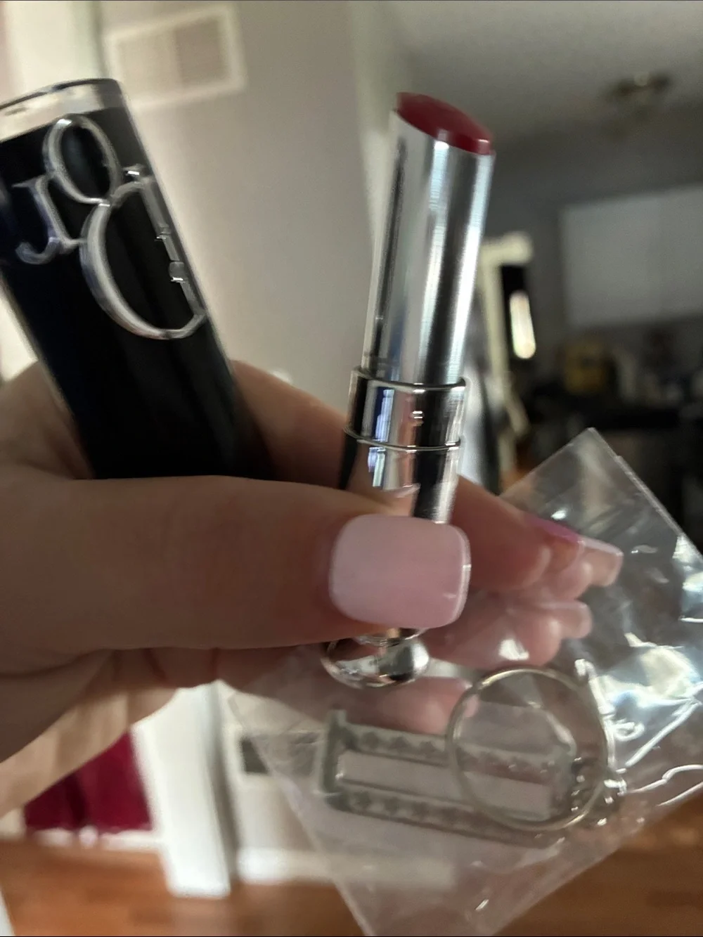 Dior Black and Silver Lipstick Case with Dior addict Lipstick shade and Keychain